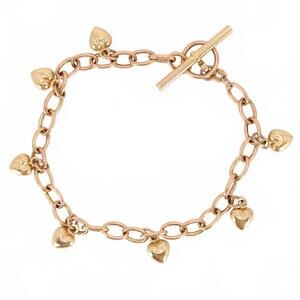 14kt Two Tone Yellow Rose Gold Heart Charm Toggle Chain Bracelet 7"